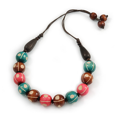 Green/ Brown/ Pink Round Wood Bead Cotton Cord Necklace - 66cm Long