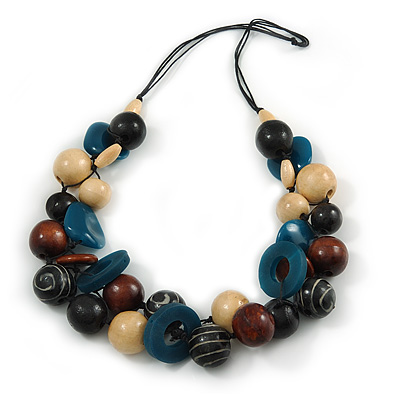 Chunky Cluster Wood, Resin Bead Black Cotton Cord Necklace (Teal, Brown, Natural, Black) - 72cm L/ 185g - main view
