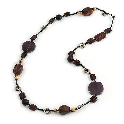 Statement Ceramic/ Wood Bead and Metal Ring Cotton Cord Long Necklace ( Brown, Plum) - 96cm L - main view