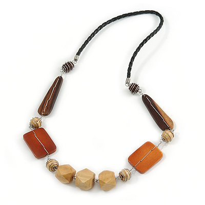Brown/ Natural Wood and Silver Tone Wire Element Black Faux Leather Cord Necklace - 74cm L - main view