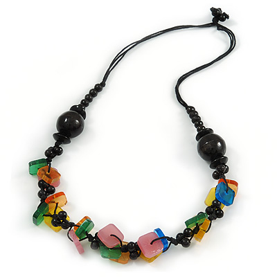 Multicoloured Square Shape Resin and Black Round Wood Bead Cotton Cord Necklace - 72cm L - main view
