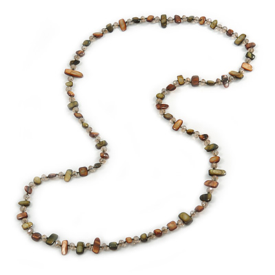 Long Olive Green/ Brown Shell Nugget and Glass Crystal Bead Necklace - 110cm L - main view