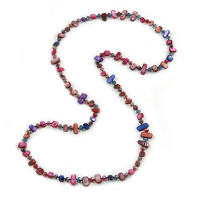 Long Multicoloured Shell Nugget and Glass Crystal Bead Necklace (Purple/ Blue/ Magenta/ Plum) - 116cm L
