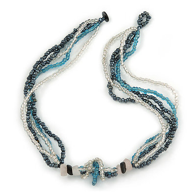 Multistrand Glass Bead Necklace (Light Blue, Hematite, Transparent) - 44cm L
