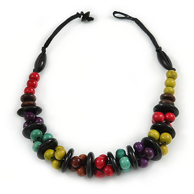 Chunky Multicoloured Round and Coin Wood Bead Cotton Cord Necklace - 46cm Long - main view