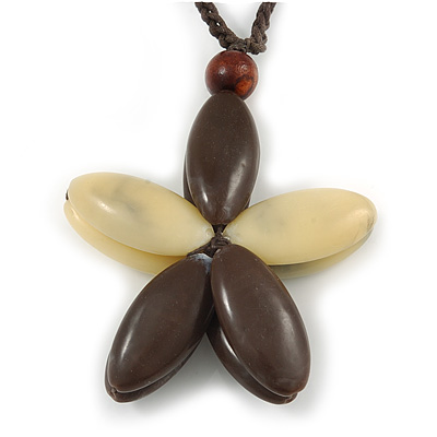Oversized Brown/ Beige Resin Flower Pendant with Cotton Cord - 46cm L/ 10cm Flower