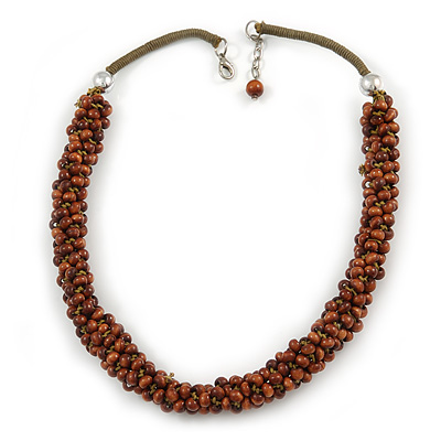 Statement Chunky Brown Cluster Bead with Olive Cord Necklace - 50cm L - main view
