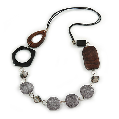 Brown/ Grey Acrylic Wood Bead Black Cord Cotton Necklace - 74cm Long - main view