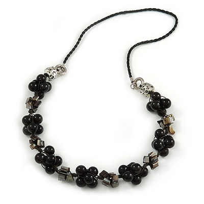 Black Round Ceramic Bead and Grey Shell Nugget Faux Leather Cord Necklace - 70cm L