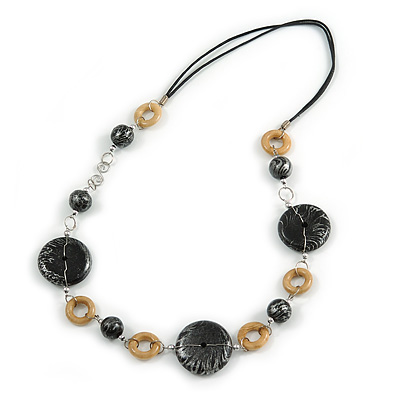 Black/ Natural Wood Bead, Silver Link Black Cotton Cord Necklace - 72cm L - main view