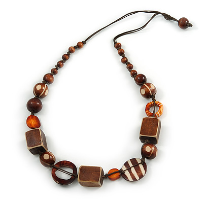 Geometric Wood Bead Cotton Cord Necklace In Brown - 76cm L