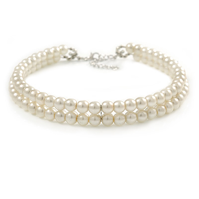 Two Row Light Cream Faux Glass Pearl Rigid Choker Necklace with Silver Tone Closure - 34cm L/ 4cm Ext - main view