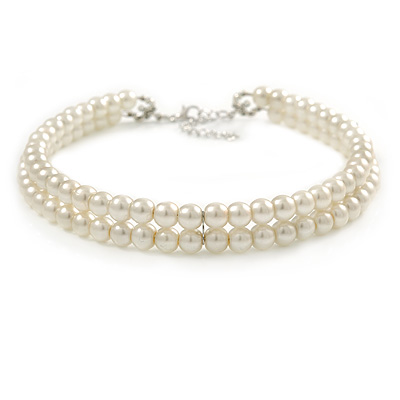 Two Row Light Cream Faux Glass Pearl Rigid Choker Necklace with Silver Tone Closure - 34cm L/ 4cm Ext