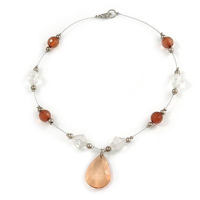 Brown/ Transparent Faceted Acrylic Bead Wire Necklace in Silver Tone - 42cm Long - main view
