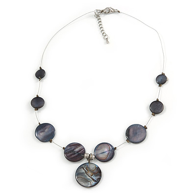 Delicate Floating Dark Grey Shell Bead Wire Necklace in Silver Tone - 42cm L/ 5cm Ext - main view