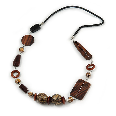 Geometric Wood, Ceramic Bead with Silver Wire Element Black Faux Leather Cord Necklace (Black/ Brown) - 78cm L