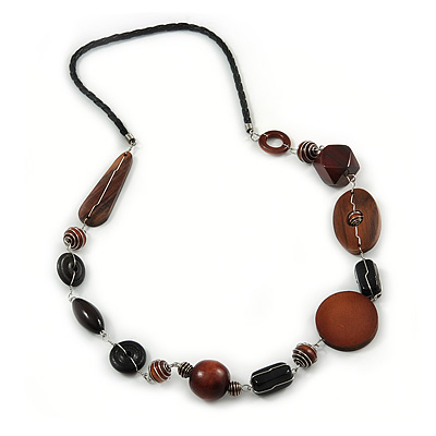Brown/ Black Wood Bead with Silver Wire Detail Black Faux Leather Cord Necklace - 80cm L - main view