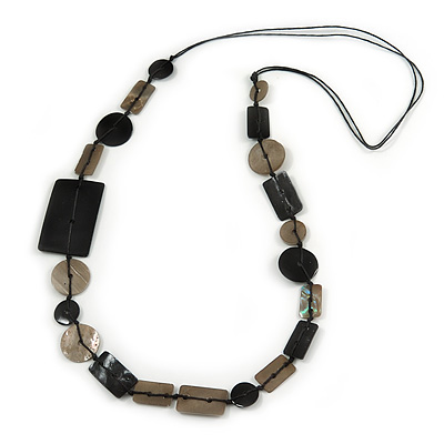 Black/ Taupe Sea Shell Geometric Cotton Cord Long Necklace - 88cm L - main view