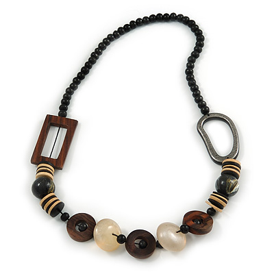 Trendy Wood, Acrylic Bead Geometric Chunky Necklace (Black/ Natural/ Brown) - 70cm L