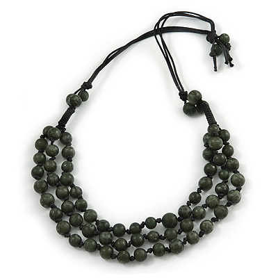Layered Dark Green 'Scratched Effect' Resin Bead Black Cotton Cord Necklace - 74cm L