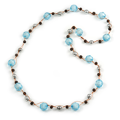 Long Light Blue Acrylic, Brown Wood, Silver Tone Metal Bead with Orange Cord Necklace - 104cm L - main view