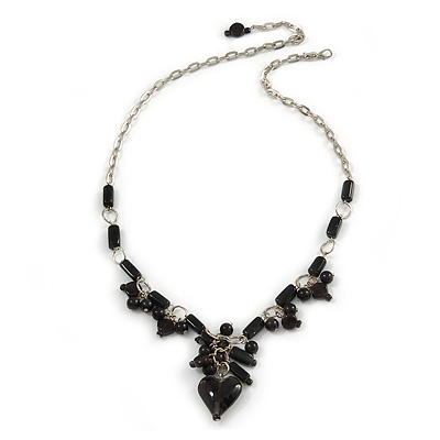 Romantic Glass and Ceramic Bead Heart Pendant Charm Necklace In Silver Tone (Black) - 64cm L