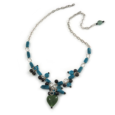 Romantic Glass and Ceramic Bead Heart Pendant Charm Necklace In Silver Tone (Teal, Black) - 64cm L - main view