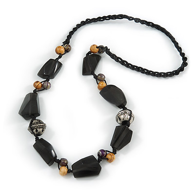 Statement Resin, Wood, Metal Bead Cotton Cord Necklace (Black, Natural, Aged Silver) - 64cm L - main view