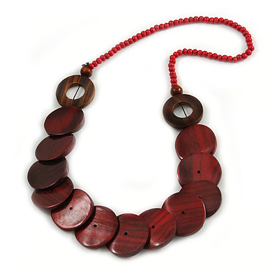 Dark Red/ Brown Wood Button Bead Necklace - 70cm L