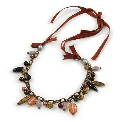 Statement Ceramic, Glass, Acrylic Bead Bronze Tone Chain with Silk Cord Necklace (Brown/ Black) - Adjustable - main view