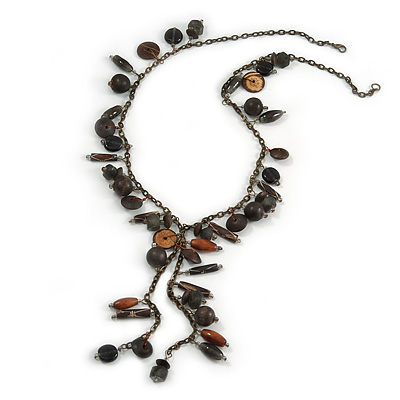 Vintage Inspired Wood, Cearmic, Bone Bead Bronze Tone Chain Tassel Necklace - 68cm L/ 16cm Tassel