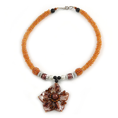 Brown Shell Flower Pendant with Pale Orange Glass Bead Necklace - 38cm L