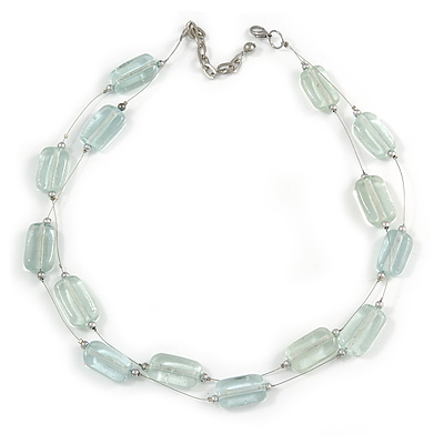 Two Strand Square Transparent Glass Bead Silver Tone Wire Necklace - 48cm L/ 5cm Ext