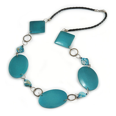 Teal Coloured Wood and Shell Bead with Black Faux Leather Cord Necklace - 74cm L - main view