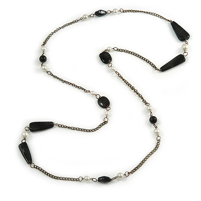 Vintage Inspired Black Ceramic Bead, White Faux Pearl Bronze Tone Chain Necklace - 126cm L - main view