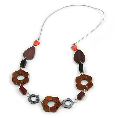 Long Floral Wood and Shell Bead Silver Tone Acrylic Cord Necklace (Brown/ Grey/ Red) - 80cm L - main view
