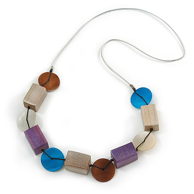 Multicoloured Wood and Shell Bead Metallic Silver Cord Necklace - 82cm L - main view