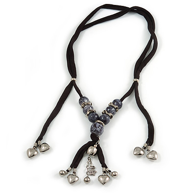 Unique Ceramic Bead with Silver Tone Heart Charm Black Fabric Necklace - Adjustable - 48cm L