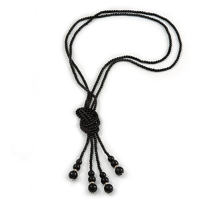2 Strand Black Glass Bead Long Lariat Necklace - 118cm L - main view