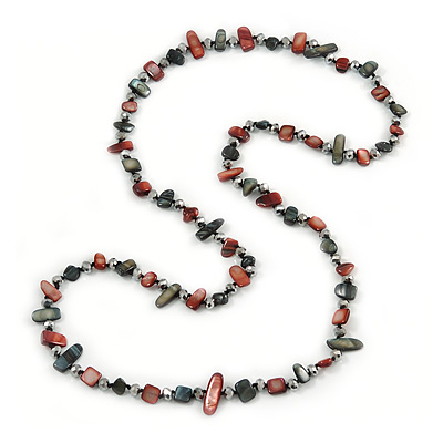 Long Dark Green/ Oxblood/ Grey Shell Nugget and Glass Crystal Bead Necklace - 110cm L - main view