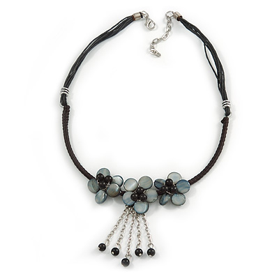 Black/ Dark Grey Shell Flower Metal Wire with Cotton Cord Necklace - 44cm L/ 5cm Ext - main view