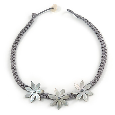 Mother Of Pearl Floral Black Grey Silk Cord Necklace - 48cm L