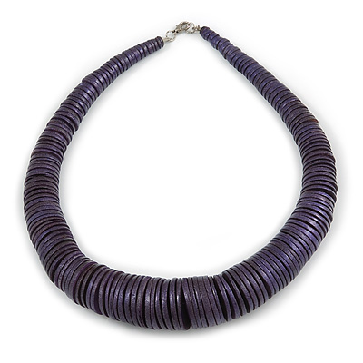 Chunky Glittering Purple Coin Shape Wood Bead Necklace - 56cm L - main view