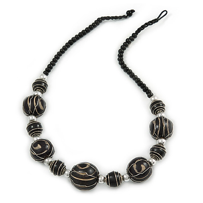 Statement Black Wood Bead Necklace with Silver Tone Wire Detailing - 58cm Long - main view