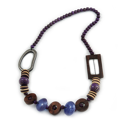 Trendy Wood, Acrylic Bead Geometric Chunky Necklace (Purple/ Brown) - 70cm L - main view