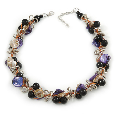 Exquisite Black Ceramic Bead & Purple/ Natural Shell Composite Silver Tone Link Necklace - 43cm L/ 5cm Ext - main view