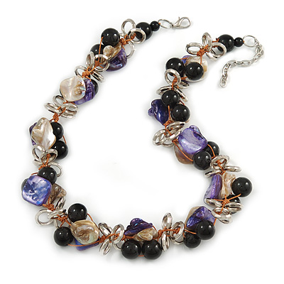 Exquisite Black Ceramic Bead & Purple/ Natural Shell Composite Silver Tone Link Necklace - 43cm L/ 5cm Ext