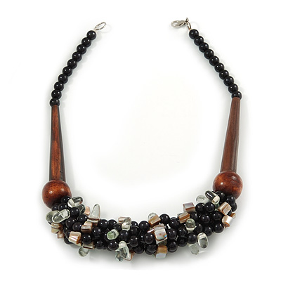 Chunky Cluster Black Ceramic Beads, Natural Shell Nuggets Wood Bar Necklace - 48cm Long - main view
