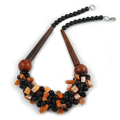 Chunky Cluster Black Ceramic Beads, Orange Shell Nuggets Wood Bar Necklace - 48cm Long - main view