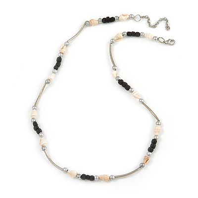Delicate Glass Beads and Sea Shell, Metal Bar Necklace In Silver Tone (Black/ White) - 50cm L/ 6cm Ext - main view